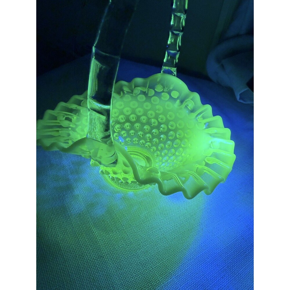 Vintage uranium Hobnail Art Glass Basket with Handle, 7" x 6" UV
